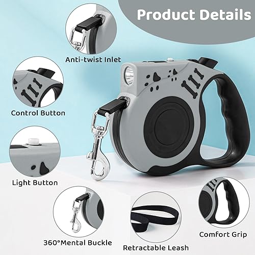 Miniatura 2 de Correa retráctil para perro de 16 pies con linterna LED para caminar por la noche, correa manos libres recargable por USB para perros pequeños y