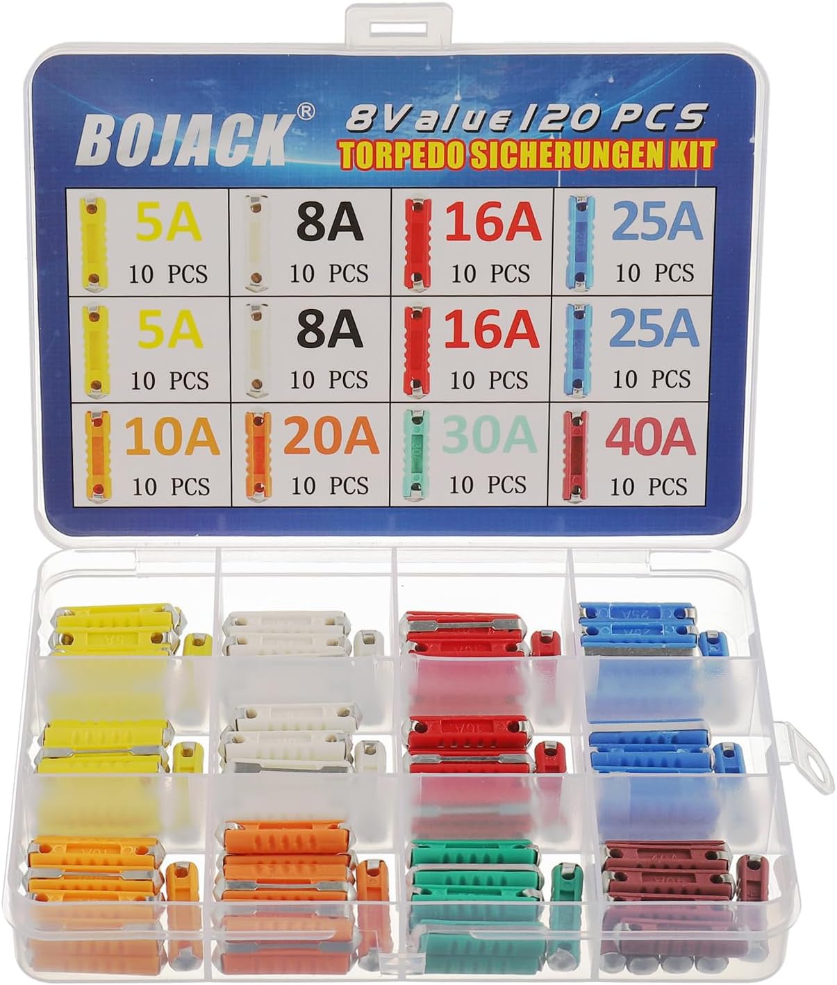 8 Types 120pcs Torpedo Fuses Set Torpedo Shaped Fuses Automotive Fuse 5A 8A 10A 16A 20A 25A 30A 40A for Protect Automotive Circuits with a Hard Plastic Box for Old Style Classic Cars