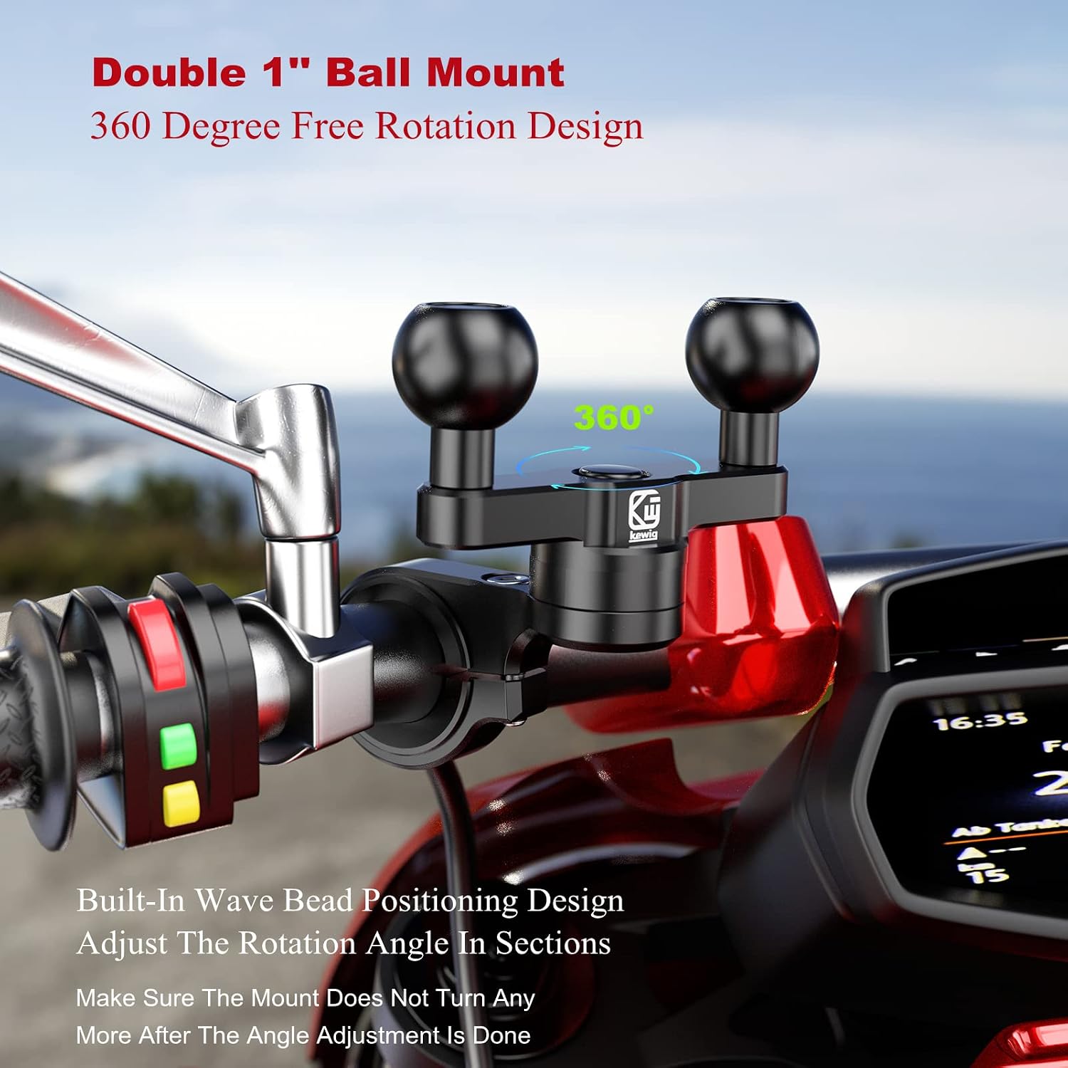 BRCOVAN Aluminum Alloy Handlebar Clamp Mount Base with Double 1'' TPU Ball | for Round Rails Diameter 0.5'' 0.87'' 1.0'' 1.26'' Compatible with RAM Mounts B Size 1 inch Ball Double Socket Arm