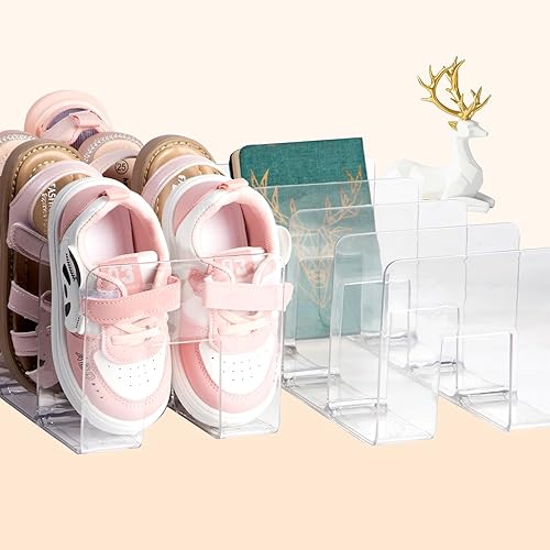 Miniatura 1 de Paquete de 2 zapateros de acrílico transparente para niños para organizadores y almacenamiento, pequeño zapatero transparente de 4 secciones para