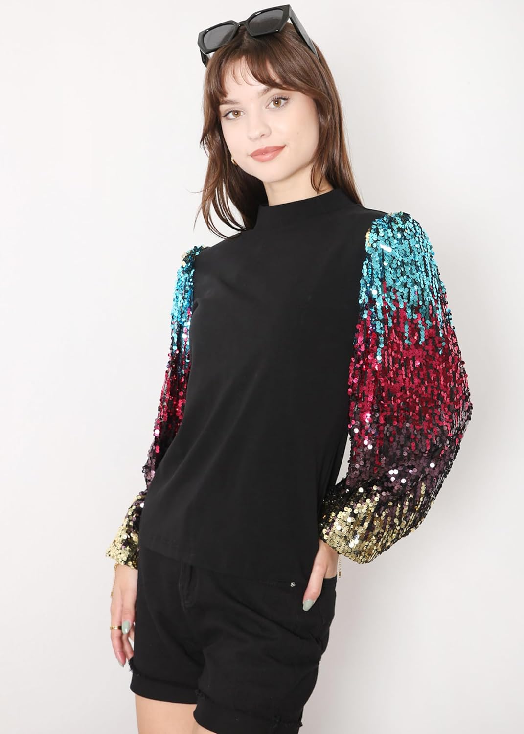 Anna-Kaci Women's Confetti Sequin Balloon Long Sleeve Mock Neck Pullover Sweatshirt - Image 4