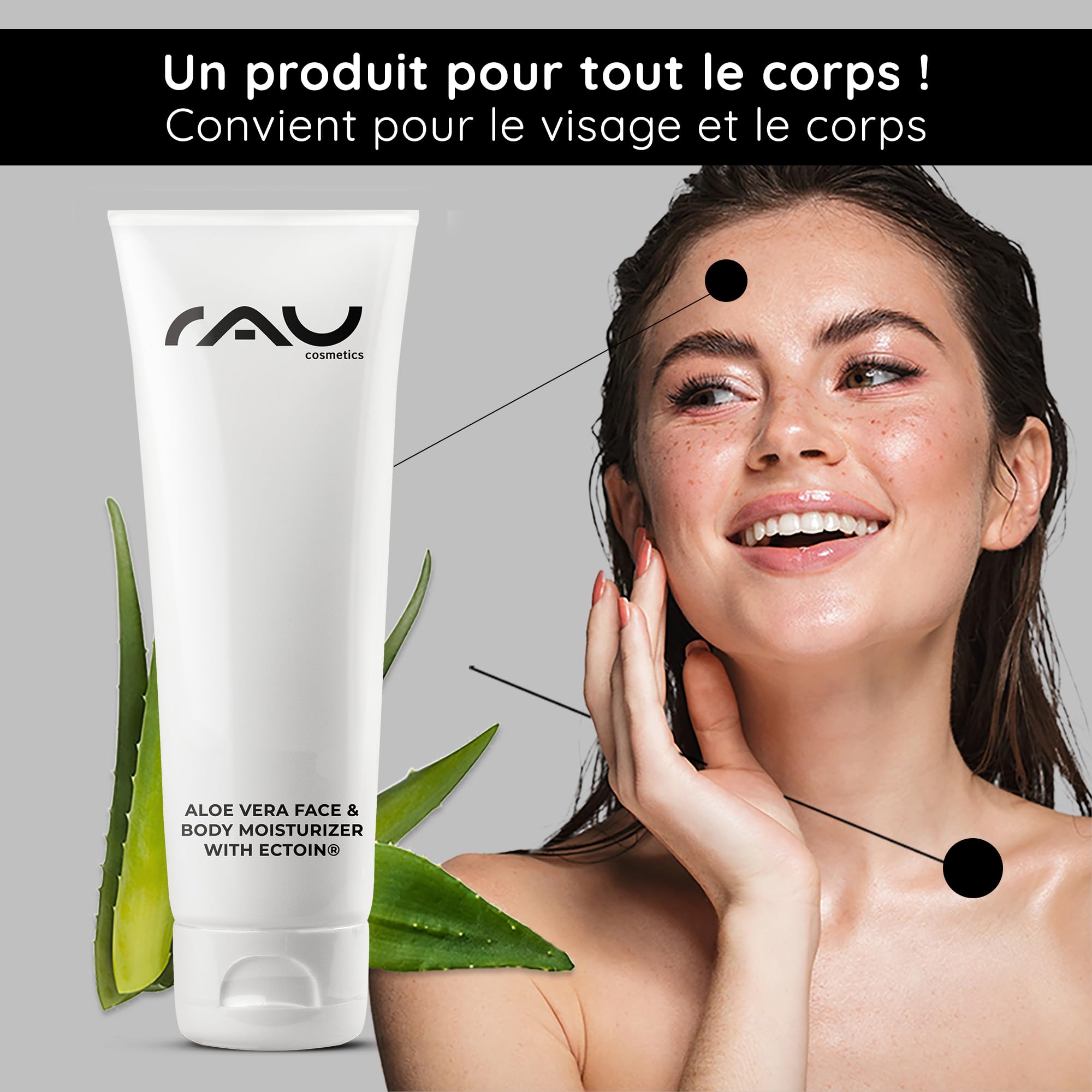 RAU Cosmetics Aloe Vera Gel Hydratant Visage & Corps 75 ml - Soin à l'Ectoïne, Centella Asiatica & Panthénol - Gel Apaisant Peaux Sensibles et Irritées