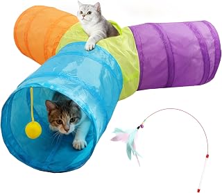 Cat Tunnel Tube Toys 3 Way Collapsible, Interactive Play Tube with Hanging Ball, Cat Tunnels for Indoor Cats, Cat Play Tunnel with Peek Hole for Kitty, Kitten, Rabbit, Puppy
