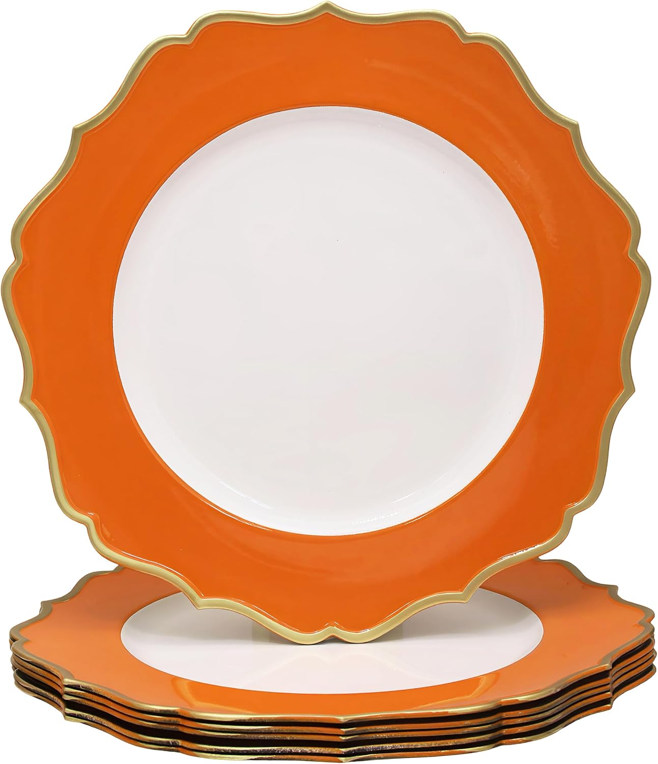13" Scalloped White Charger Plates with Gold Rim, Set of 6 Elegant Plastic Chargers for Dinner Plates, Decorative Wave-Edged Table Decor for Weddings, Parties & Banquets