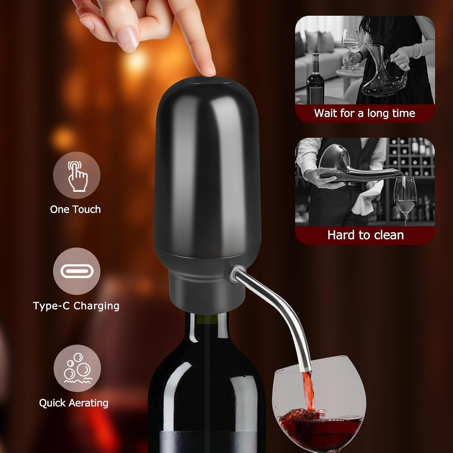 KUFUNG Smart Electric Wine Aerator Dispenser & Decanter Set Rechargeable Design with Micro USB Cable, Pump Dispenser Ideal for Pouring（BLACK）