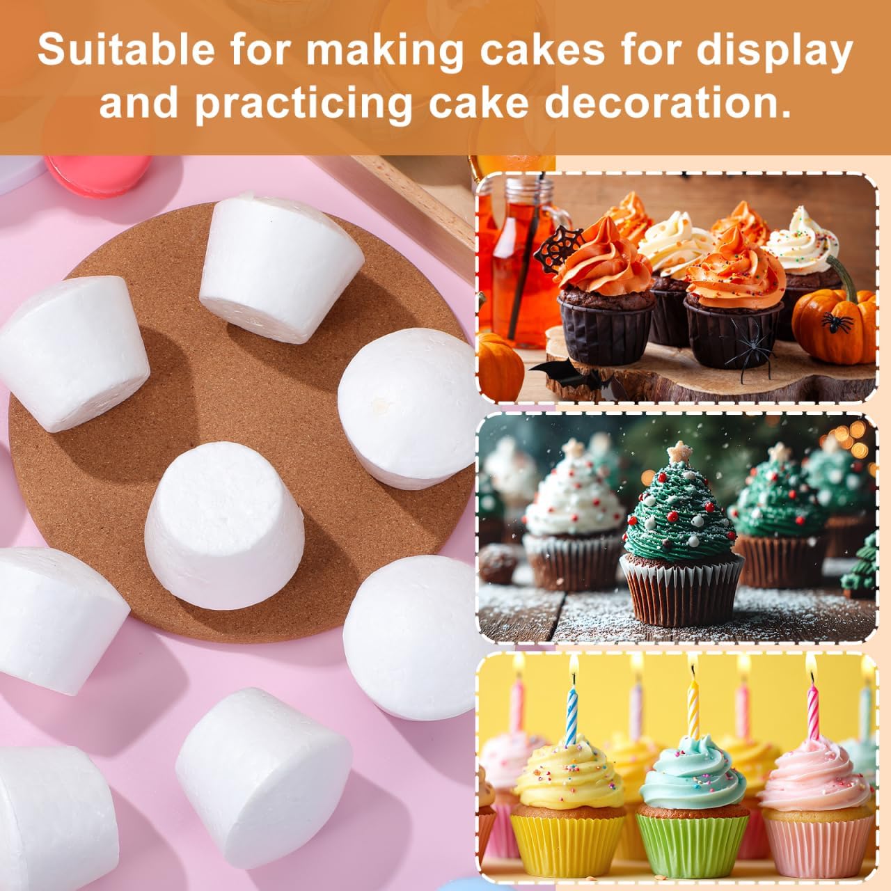 GANAZONO 20pcs Foam Cupcake Paintable Faux Cake Model Foam Dummy Cake Model for Birthday Wedding Christmas Party Decoratin White 6.5cm