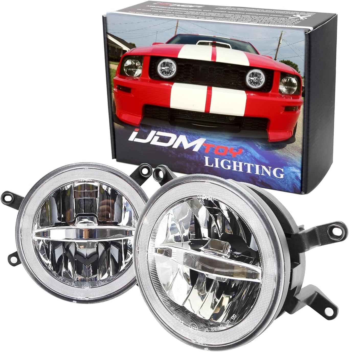 iJDMTOY Clear Lens 30W High Power LED Driving Fog Light Kit w/LED Halo Ring Compatible With 2005-2009 Gen5 Ford Mustang GT Deluxe, Premium or Shelby Models