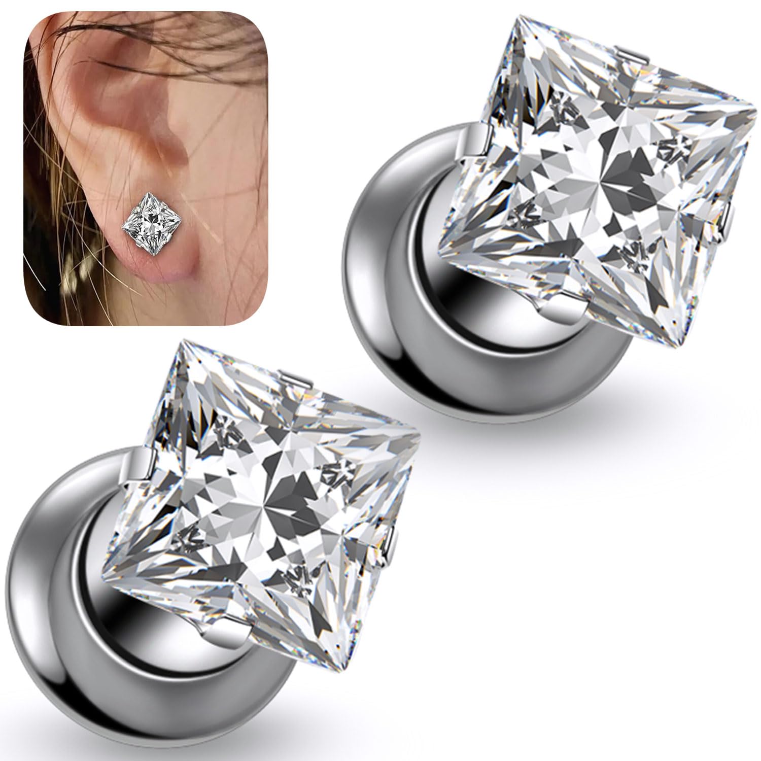 Pexveiuu 10G-00G F136 Titanium Square Zircon Ear Gauges Screw Fit Flesh Tunnels Plugs Earrings Hypoallergenic Implant Medical Grade Surgical Steel