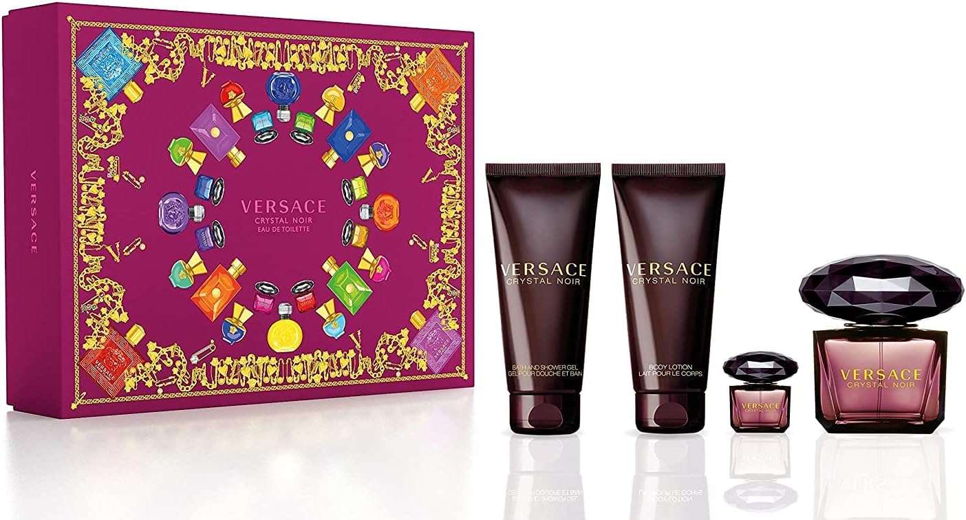 Crystal Noir 4 Piece Gift Set for Women (3.0 Ounce Eau De Toilette Spray + 3.4 Ounce Body Lotion + 3.4 Ounce Shower Gel + 0.16 Ounce Eau De Parfum Spray)