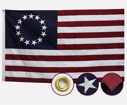 Betsy Ross Flag 3x5 Ft Deluxe Water Resistant Series 13 Stars Made From Heavy Duty Super Tough Spun Polyester/Embroidered Stars/Sewn Stripes/Brass Grommets,US Flags Perfect for Outside