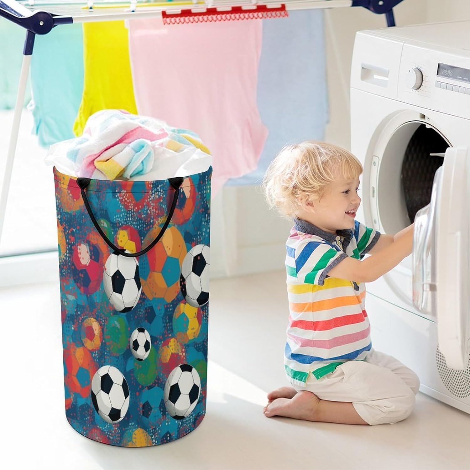 Colorful Football Laundry Hamper Freestanding Waterproof Clothes Hamper with Easy Carry Handles Large Collapsible Laundry Baskets Portable Dirty Clothes Basket