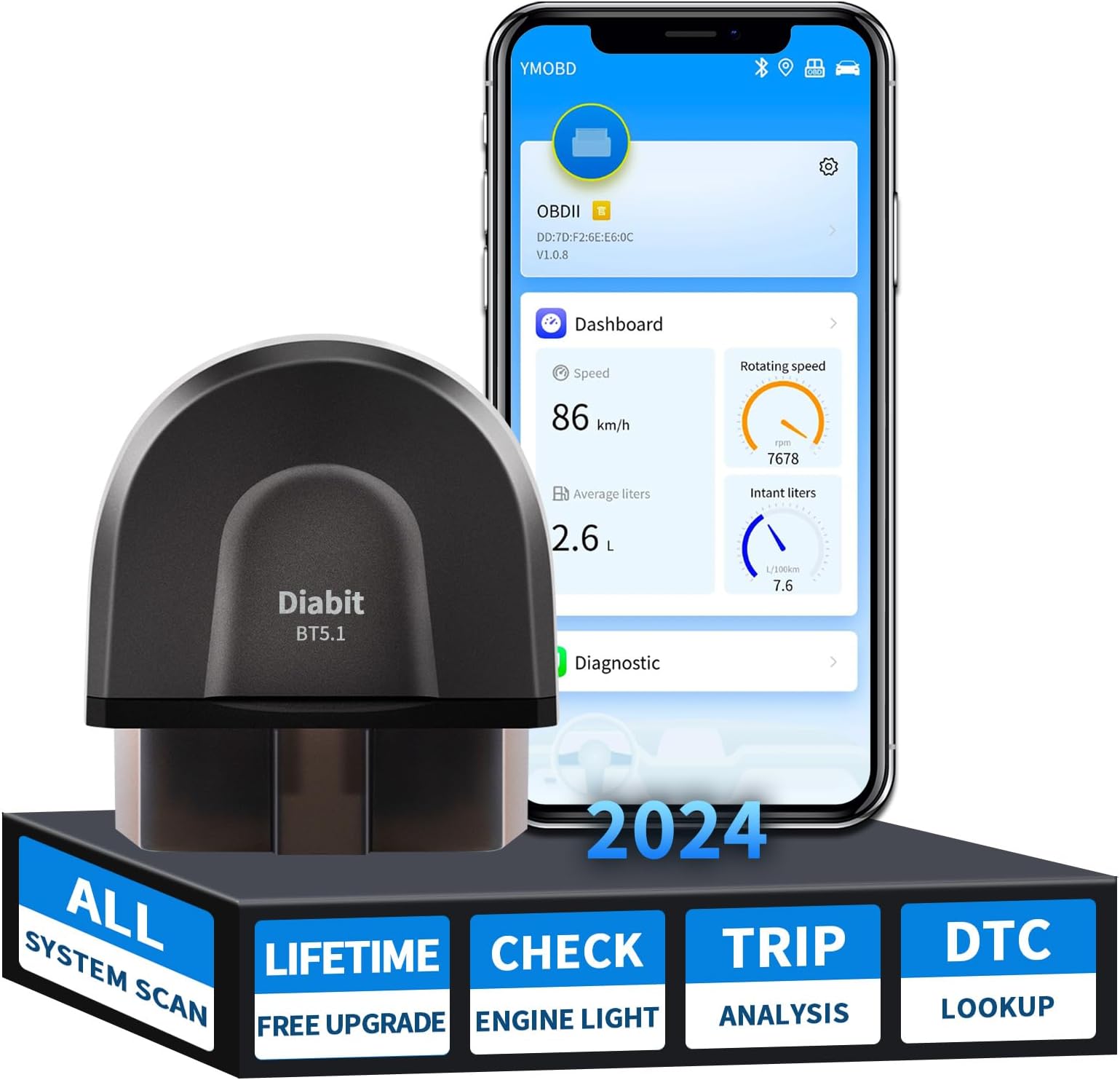 Diabit Bluetooth 5.1 OBD2 Scanner Diagnostic Tool B25 1S Auto Connection with All System Scan, Enhanced Wireless Car Code Reader 2024 with ABS/SRS Test, Turn Off CEL,Voltage Performance Test