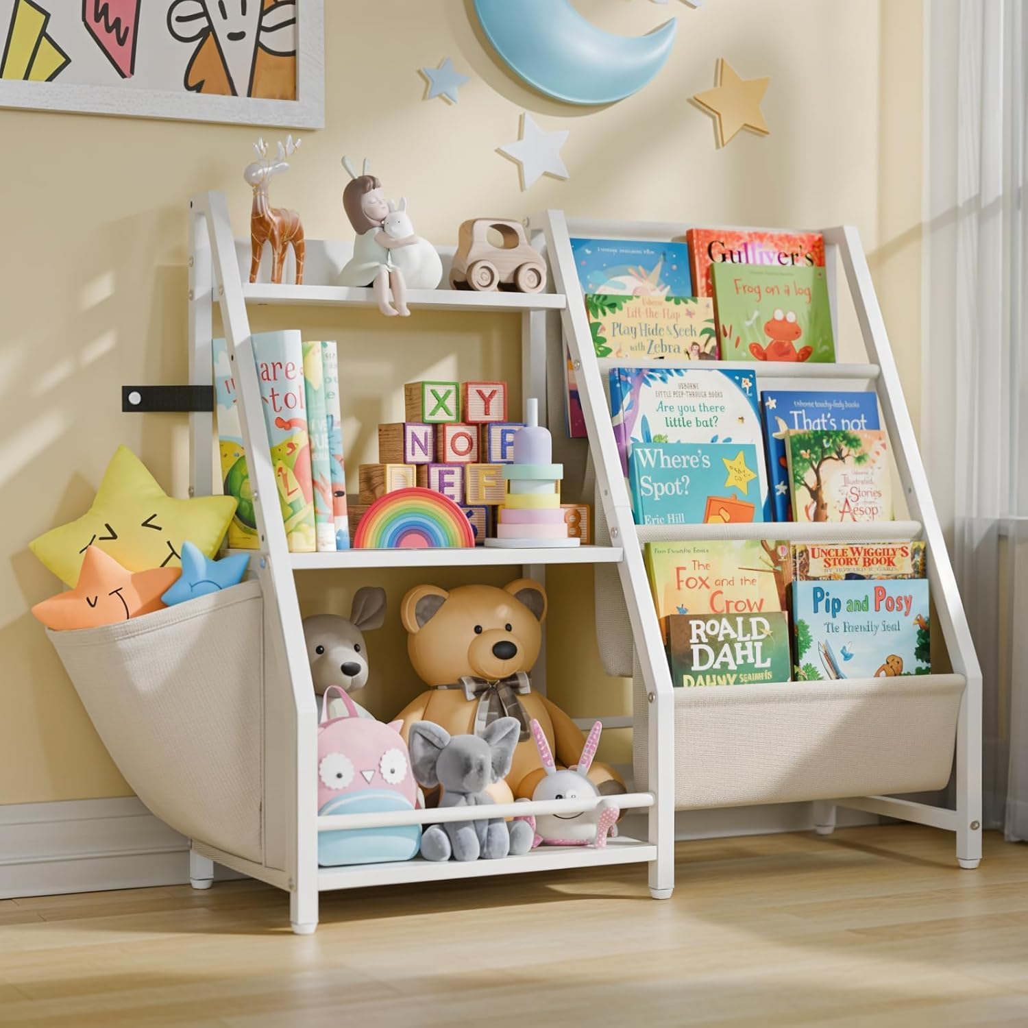Kids Bookshelf and Toy Storage, 3-Tier Bookcase Book Shelf with Toy Storage Organizer, Toddler Book Display Shelves, Children Bookcase Organizer for Kids Room Classrooms Nursery Bedroom (85x30x75cm)