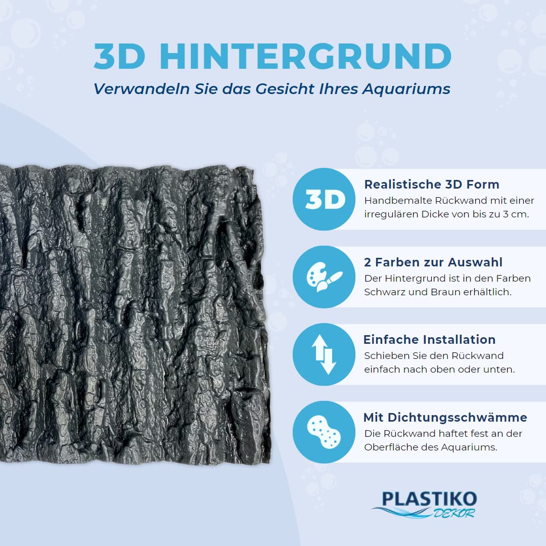 PLASTIKO - Aquarium Hintergrund 3D I Rückwänd 120x50 cm I Leicht zu Montieren und Reinigen I Keine Verklebung Erforderlich I Sicher für Tiere I Schwarz mit Baumrindenmuster