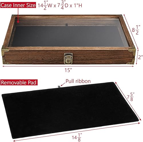 Miniatura 2 de MOOCA Vitrina de joyería con tapa de vidrio de madera, bandeja de joyería de madera con cierre de metal, almohadilla de exhibición de joyería de