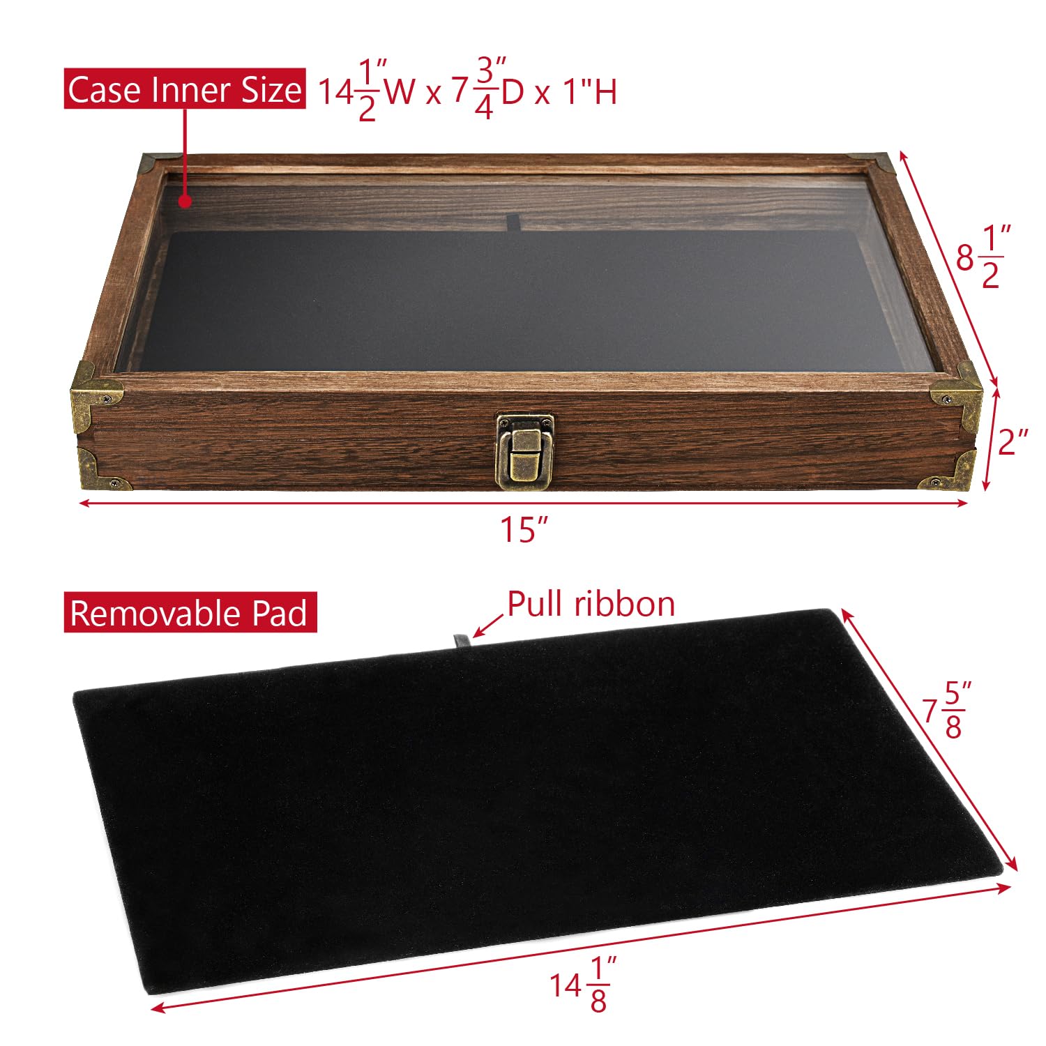 MOOCA Wood Glass Top Jewelry Display Case Wooden Jewelry Tray with Metal Clasp, Removable Black Luxurious MDF Velvet Display Pad and Corner Protection, Brown Color
