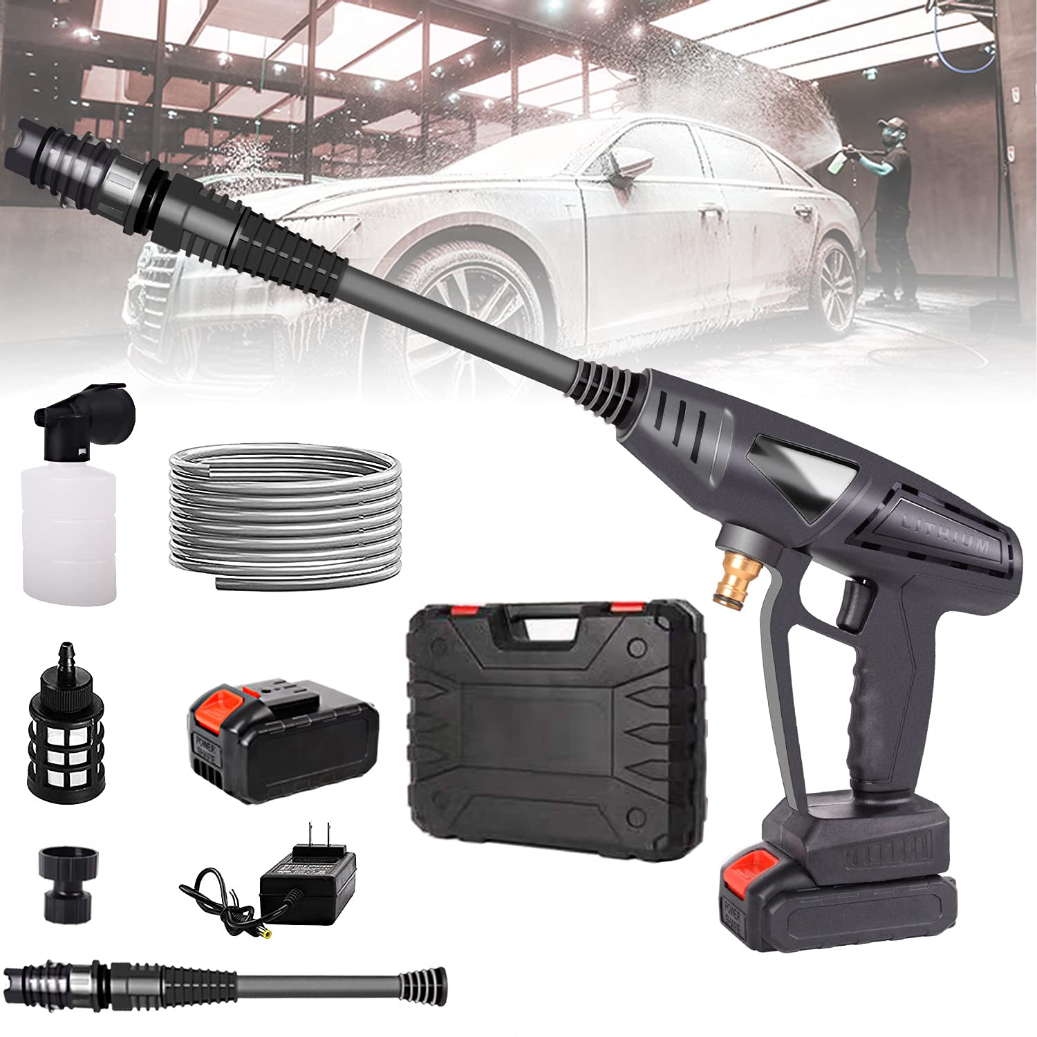 Cordless Car High Pressure Washer Multi-Function Electric Cleaner with Adjustable 3-in-1Nozzle 24V Batteries Portable Power Washer Suitable for Washing Cars/Watering Flowers/Cleaning Floors