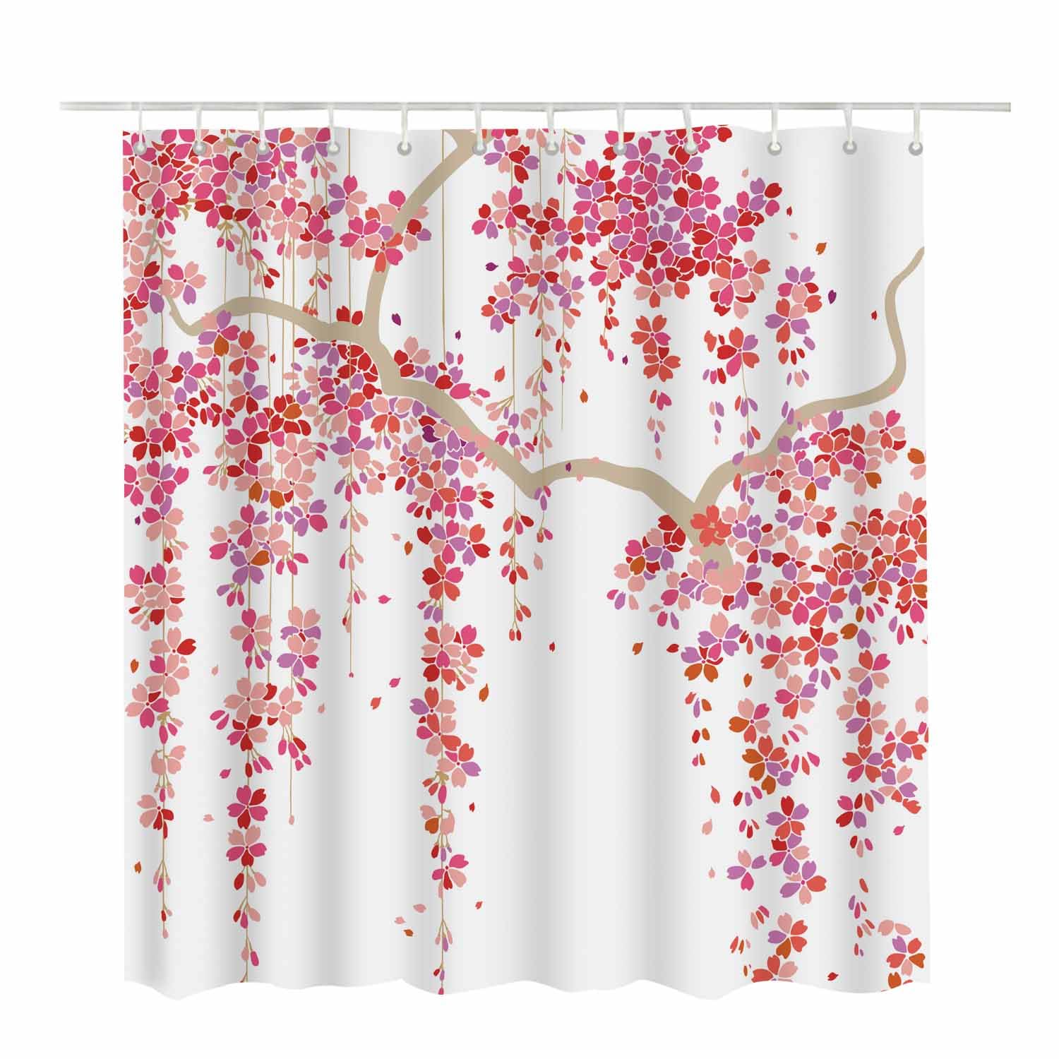 Woutay Shower Curtain Water Repellant Fabric Red Flower Tree,Mould Proof Resistant,Polyester,with 12 Plastic Hooks - Image 2