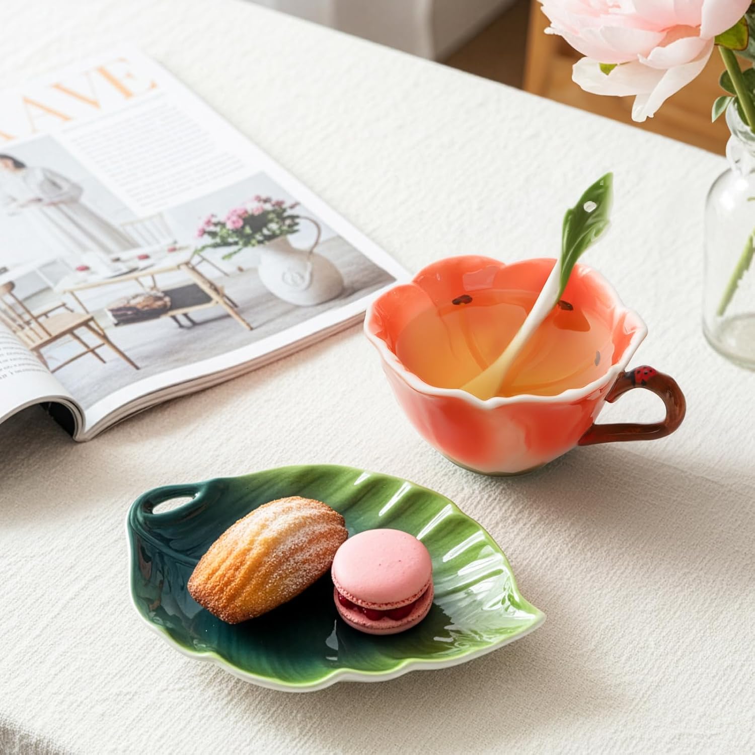 Flower Tea Cup and Saucer, 6 Oz Ceramic Coffee Mug with Spoon, 3D Handmade Vintage Drinking Cups, 3 Pieces Orange Teaware Mug for Women, Christmas Birthday Gift Party (Floral and Leaf) - Image 6