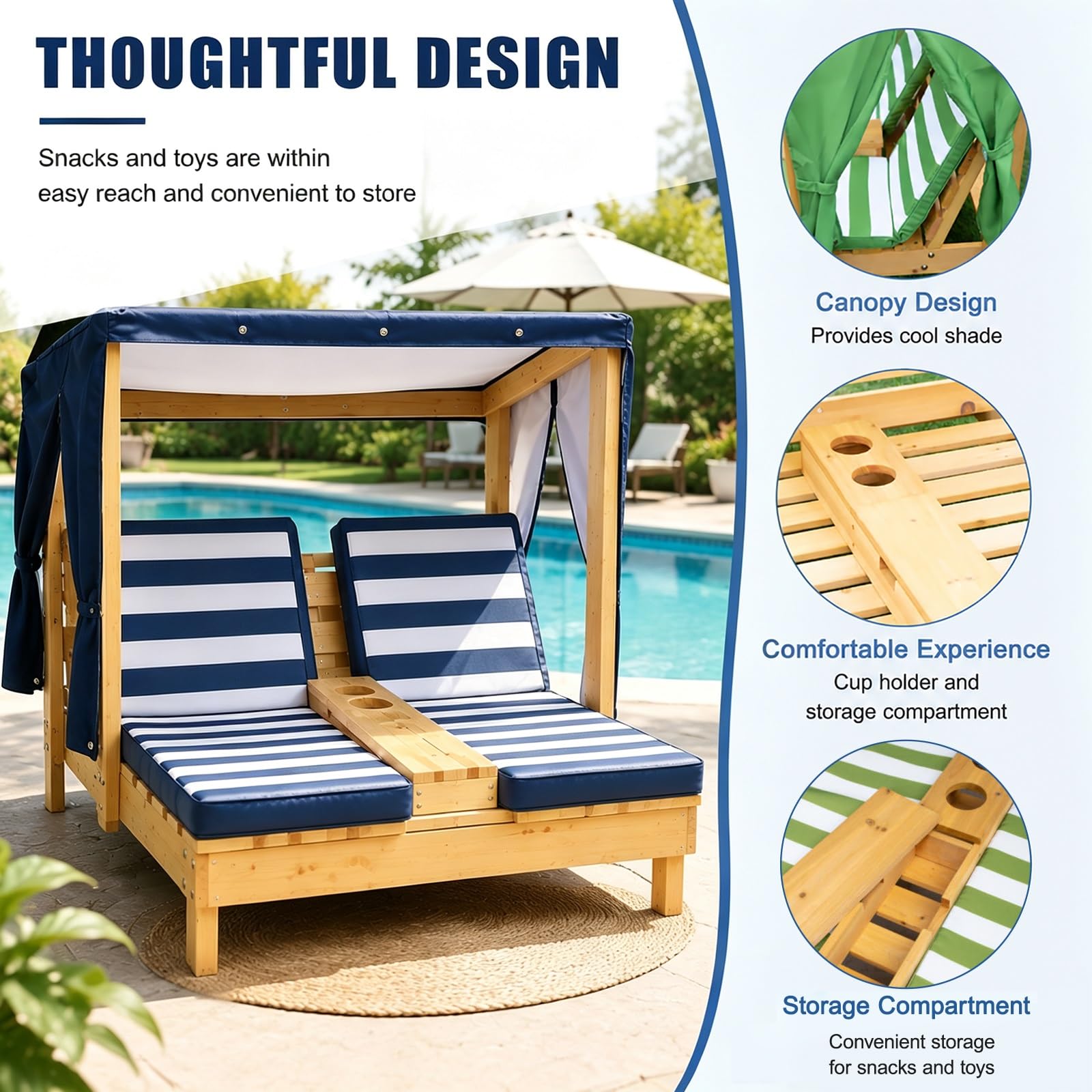Sdraio Doppia per Bambini con Cuscino & Parasole Integrato | Lettino Da Giardino Per Bambini in Legno, Sdraio per Spiaggia & Balcone & Bordo Piscina(Blue)