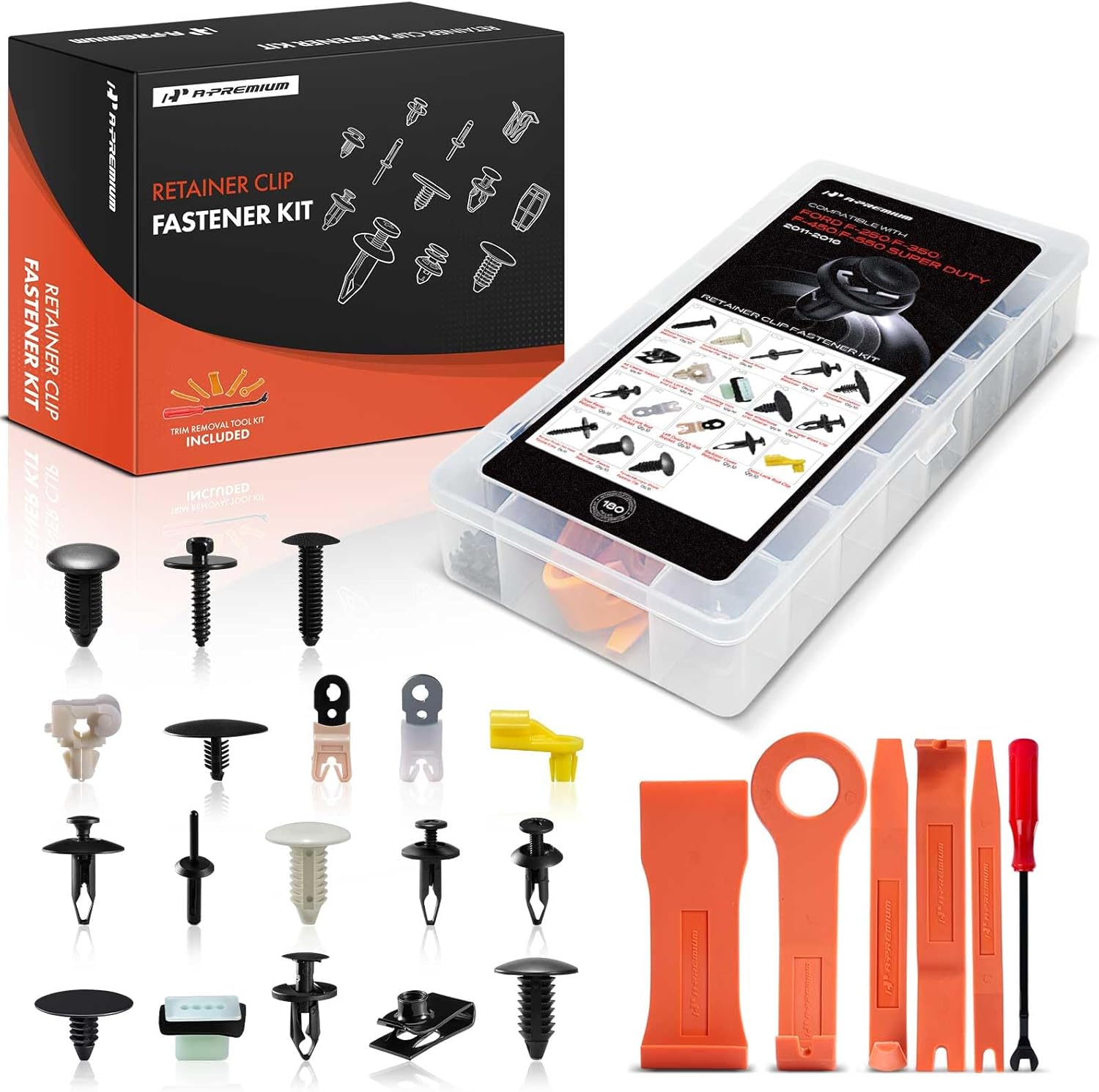 A-Premium 180PCS (18 Sizes/45 oz) Bumper Fender Retainer Clips Kit - Compatible with Ford F250 F350 F450 Super Duty - Hood Door Trim Panel Push Pin Plastic Nylon Rivet Fastener Set, w/Removal Tool