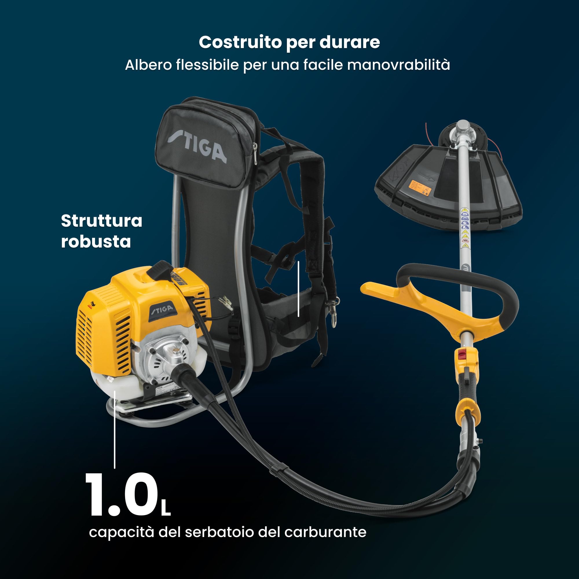 STIGA BC 555 R Decespugliatore a Zaino a Scoppio, 51,7 cc, 45 cm – Asta Flessibile, Testina Tap&Go + Lama 3T Incl. – Manutenzione Spazi Verdi