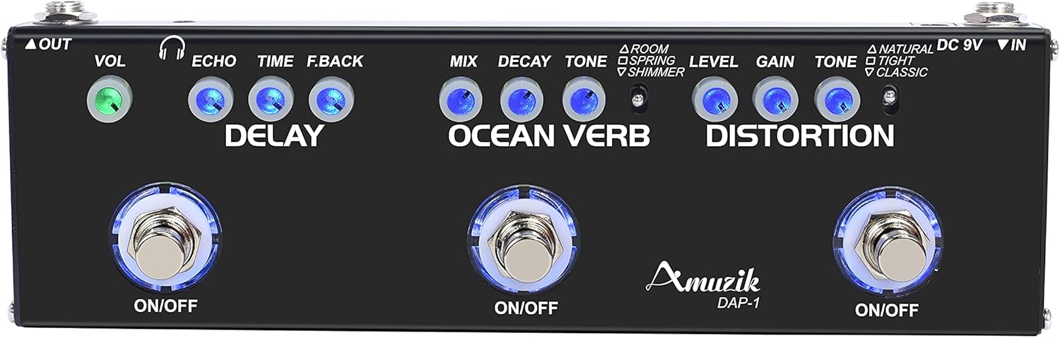 Amuzik Multi Guitar Effect Pedal for Guitar Multi Electric Combined Effects Delay Ocean Verb Distortion 3-In-1 Pedals True Bypass DAP-1
