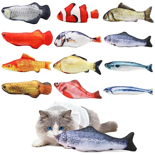 Soulchen 12 Pcs Fish Toy Cat Catnip Toy Interactive Cat Toys, Soft Chew Kicker Toys Simulation Fish Shape Realistic Catnip Doll Interactive Pets Chew Supplies for Indoor Kittens