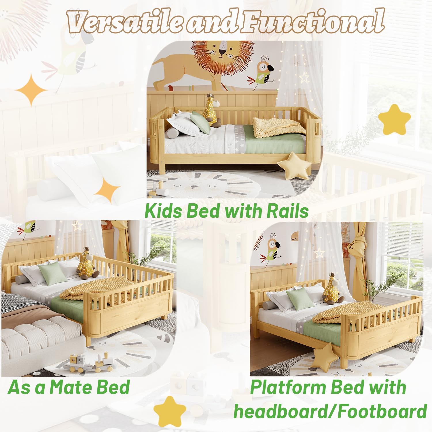 Full Size Kids Bed Frame, Low Profile Montessori Bed Full with Rails, Wood Daybed for Girls & Boys, No Spring Box Required, No Squeaks, Natural