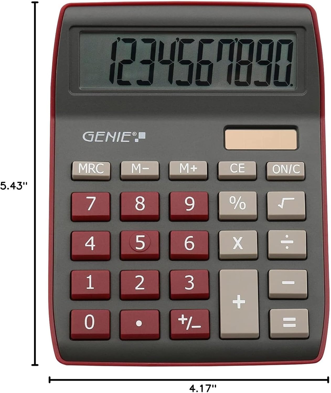 Genie 840 DR 10 Digit Desktop Calculator; Dual Power (Solar and Battery); Compact Design; Dark Red