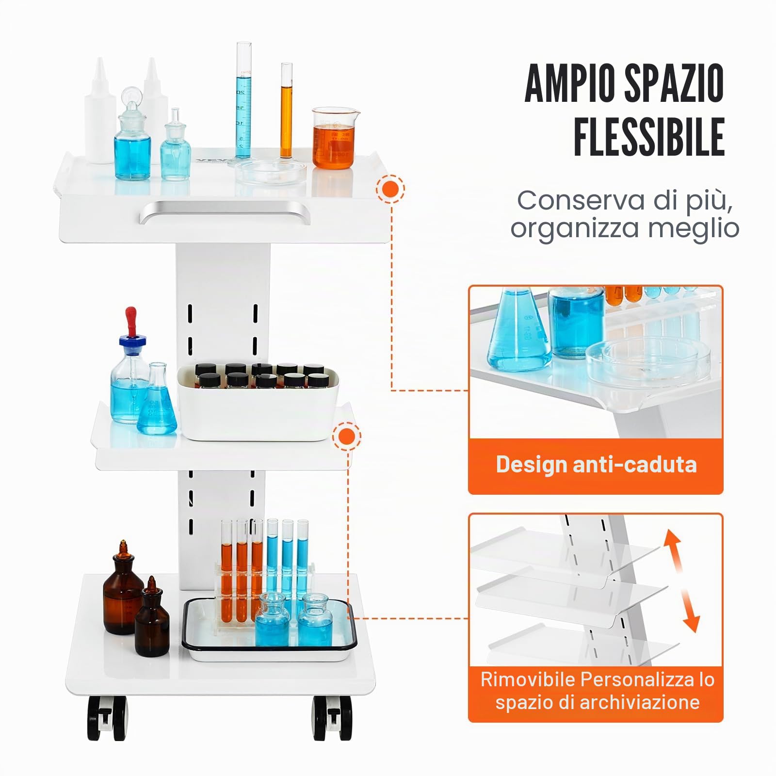 VEVOR Carrello da laboratorio 3 strati con presa integrata ruote girevoli portata 100 kg