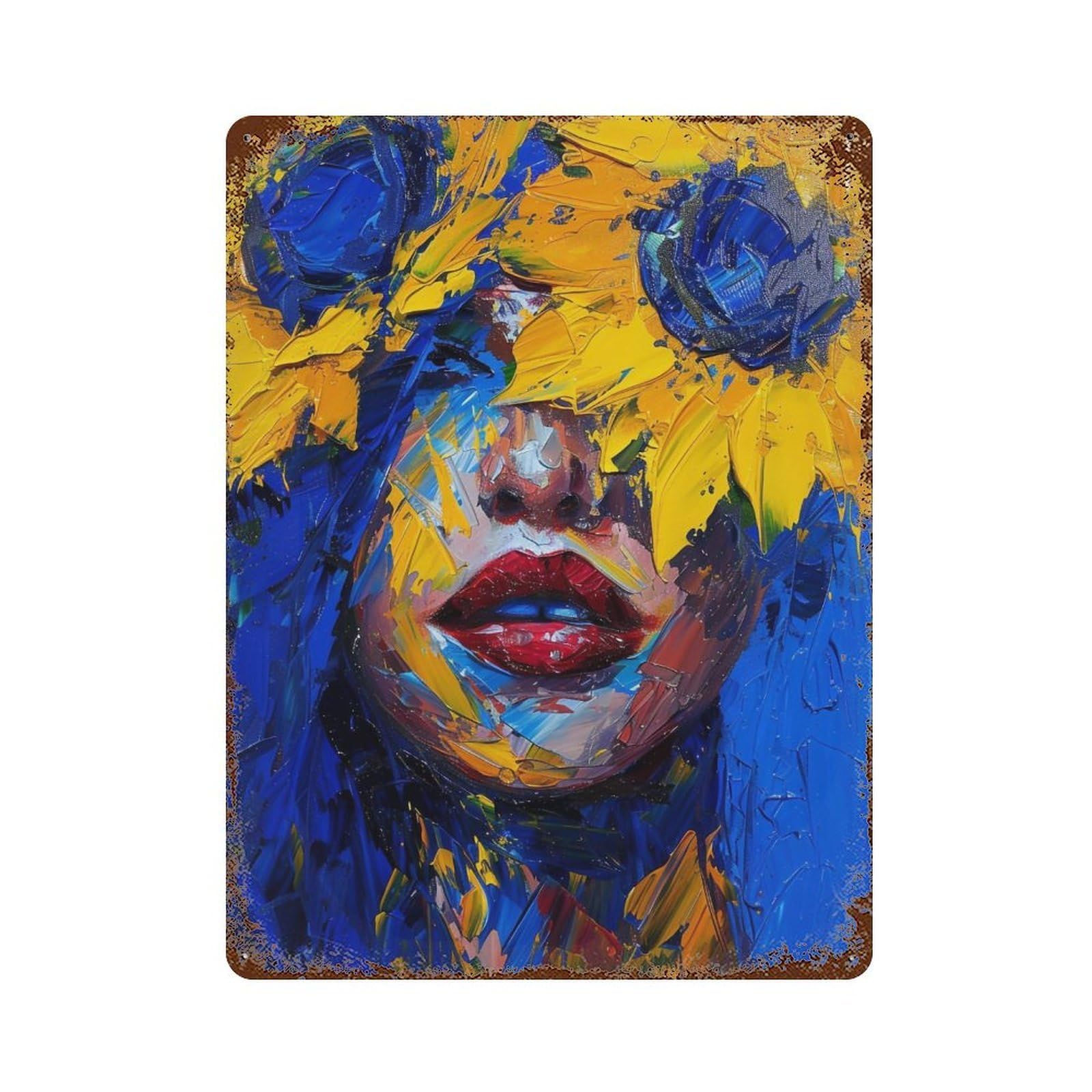 YHGERTKU Blue Hair Woman with Sunflowers Impasto 04 Wall Art Retro Iron Vintage Metal Tin Sign Poster Modern Decor for Living Rooms Gift 40x30cm