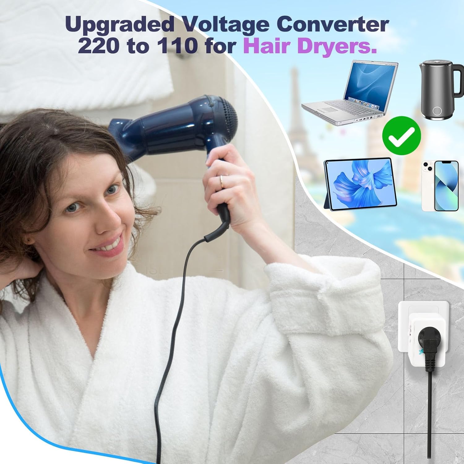 Mapambo 220V to 110V Voltage Converter US to Europe for Hair Dryer with 2 USB Port 2 USB C International European Universal Travel Adapter Worldwide Power Converter Plug Combo Type A C G I (White)