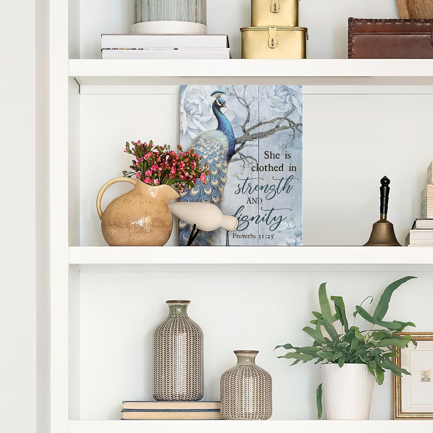 Luslya Peacock Canvas Wall Art Peacock Picture Wall Decor Framed Bible Verse Inspirational Quotes Posters Home for Living Room Bedroom Bathroom Decoration 12x16 inch