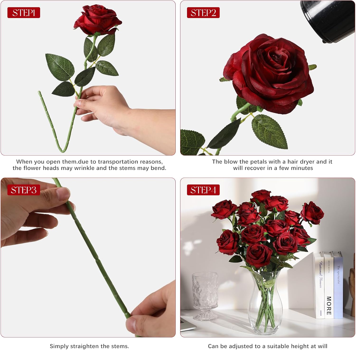 Tifuly 12pcs Red Roses Artificial Flowers,Realistic Long Stem Fake Silk Roses Bouquet for Party Home Wedding Centerpiece Office DIY Decor(Burgundy) - Image 9
