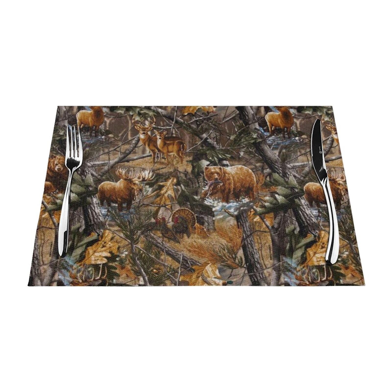 PVC Placemat Set of 4 PCS, 45x30 CM, Hunting Deer Bear Moose Printed Non-Slip Heat Resistant Place Mats for Kitchen Dining Table Indoor Outdoor