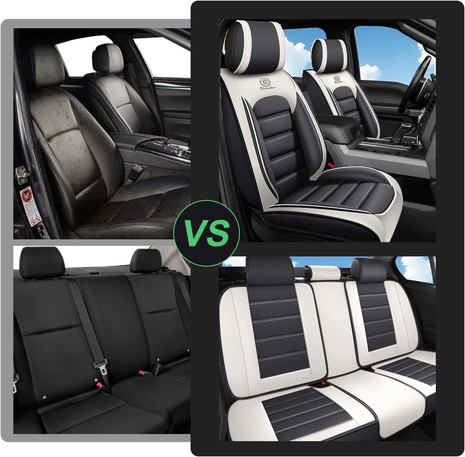 Seat Covers Fullset for Truck 2009-2026 F150 and 2011-2026 F250 F350, Waterproof Wear Resistant Leather Seat Protectors, Muscle Sport Style Seat Covers (Full Set with Pillow, Gray&White)