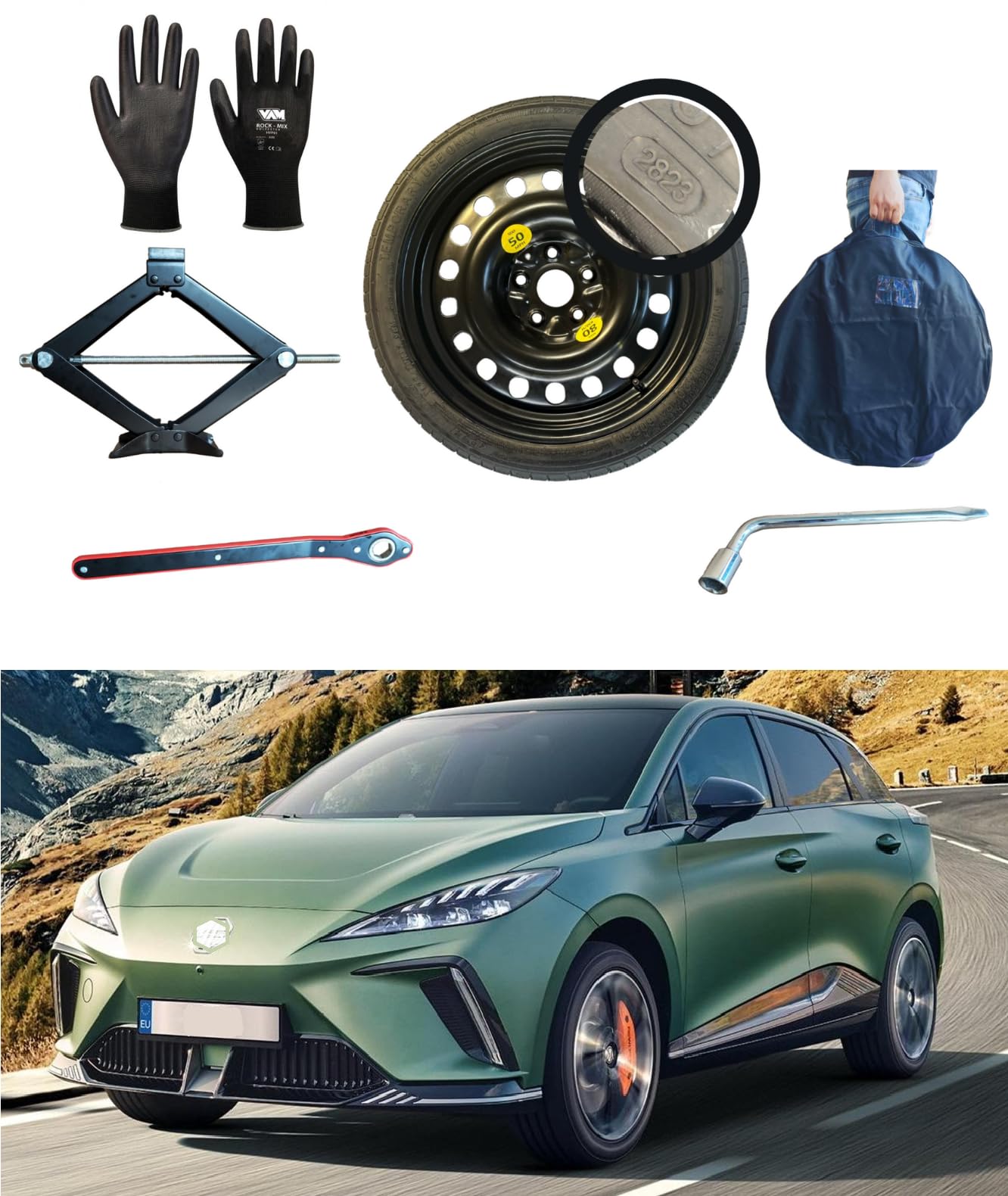 Kit Roue de secours 17" compatible avec MG4 avec Cric, Clé, Gants et Sac 125/80R17