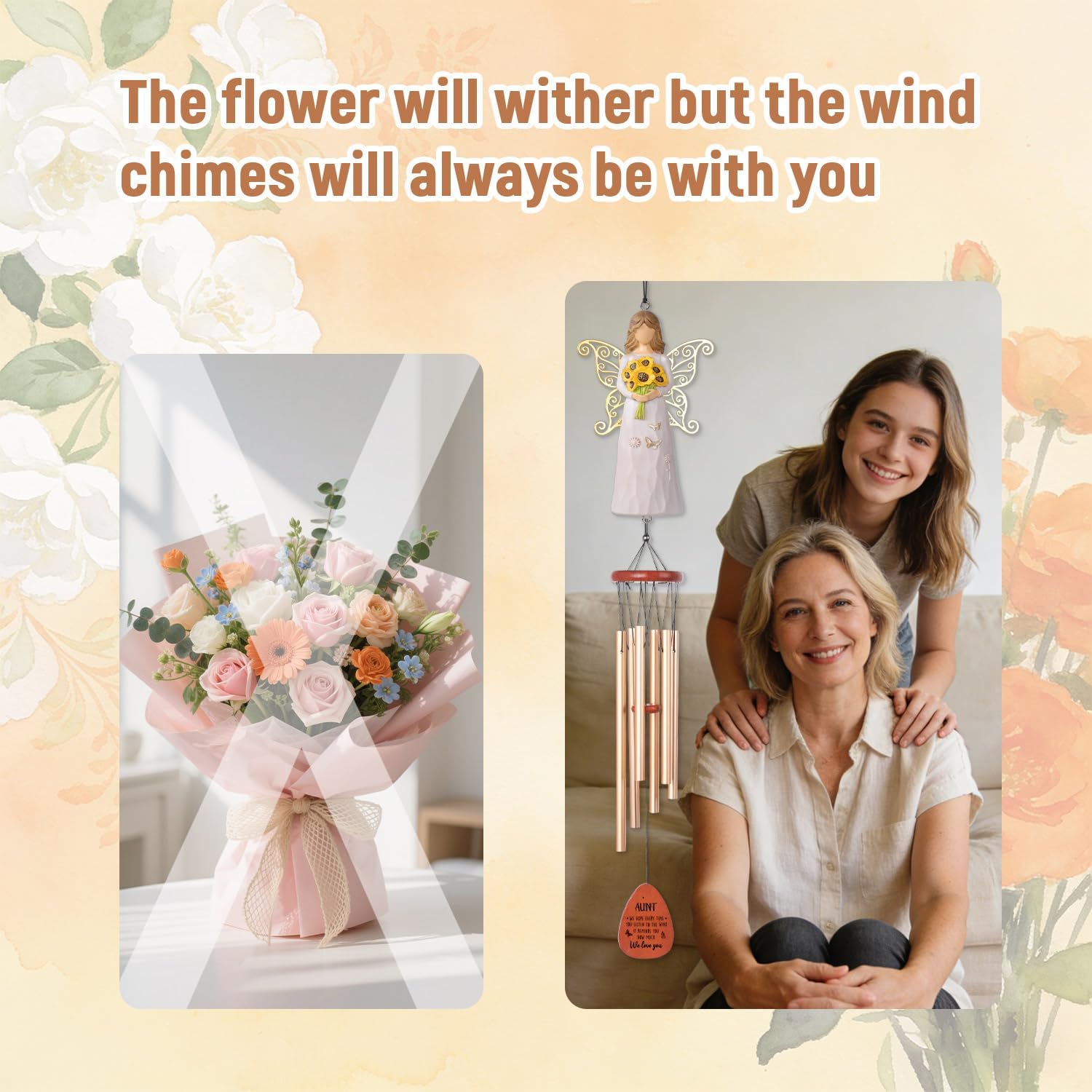 Aunt Gifts for Women, Birthday Gifts for Aunt from Niece Nephew, Unique Angel Wind Chimes with Sunflower,Indoor Outdoor Wind Chime Decor