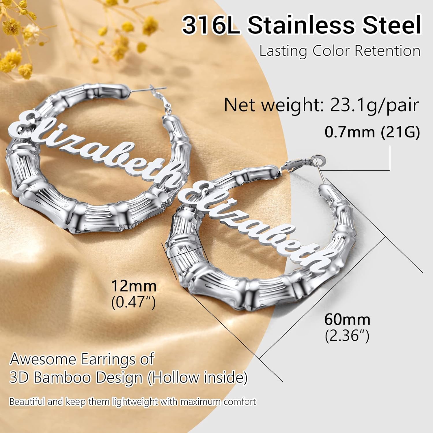 Novelty Bamboo Hoop Earrings For Women, Minimalist and Chic Jewelry, Black/18K Gold Plated Stainless Steel Earrings Hypoallergenic, Size:40mm/60mm/80mm, Come Box