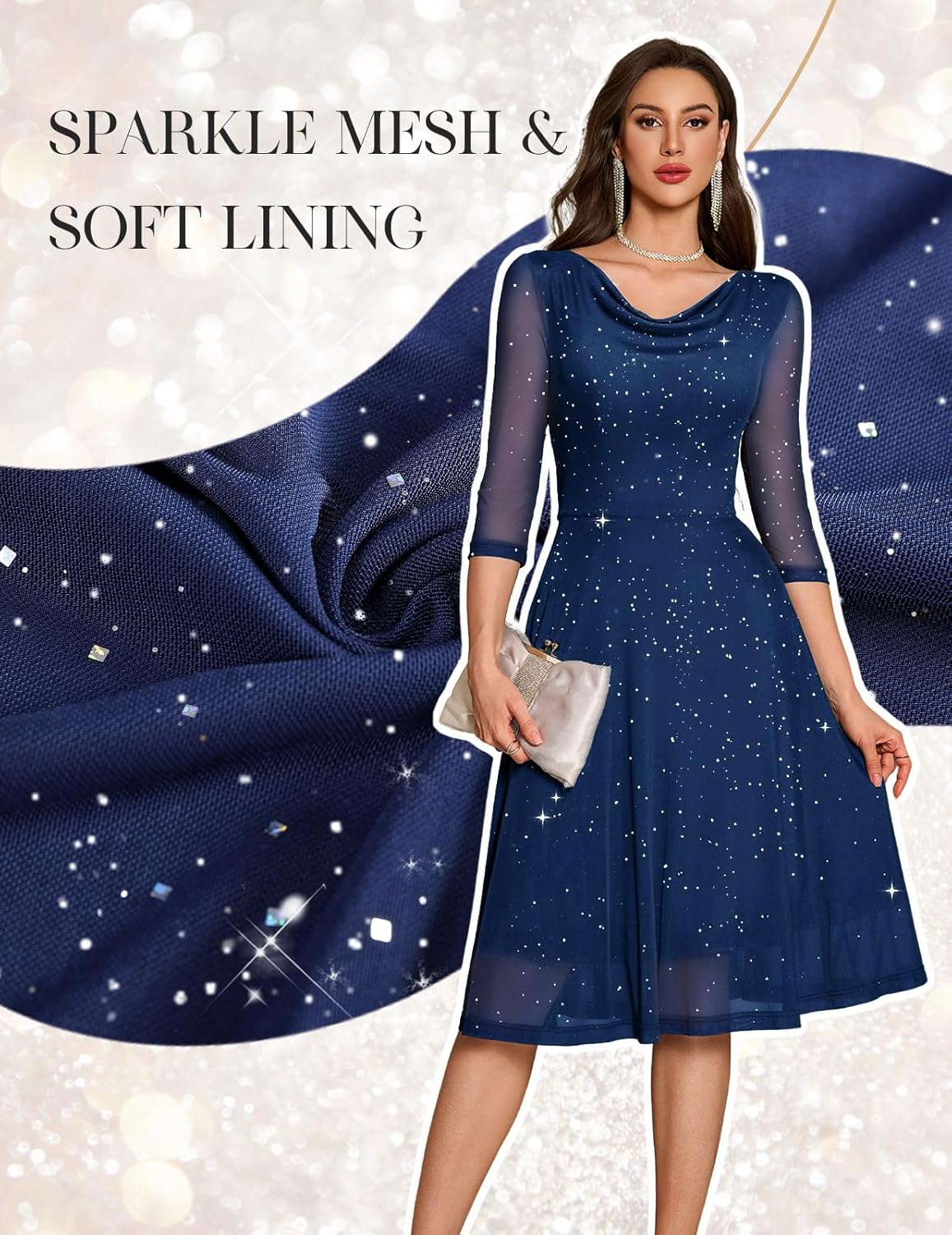 DRESSTELLS Cocktail Dress for Women, Sparkly Cowl Neck 3/4 Sleeves Wedding Guest Dresses 2026 - Image 5