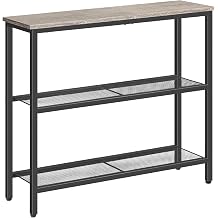 HOOBRO Console Table for Hallway Slim, 3-Tier Narrow Console Table, Hallway Table with 3 Shelves, Slim Sofa Table for Small Spaces, Living Room, Metal Mesh Frame, Greige and Black EBG73XG01