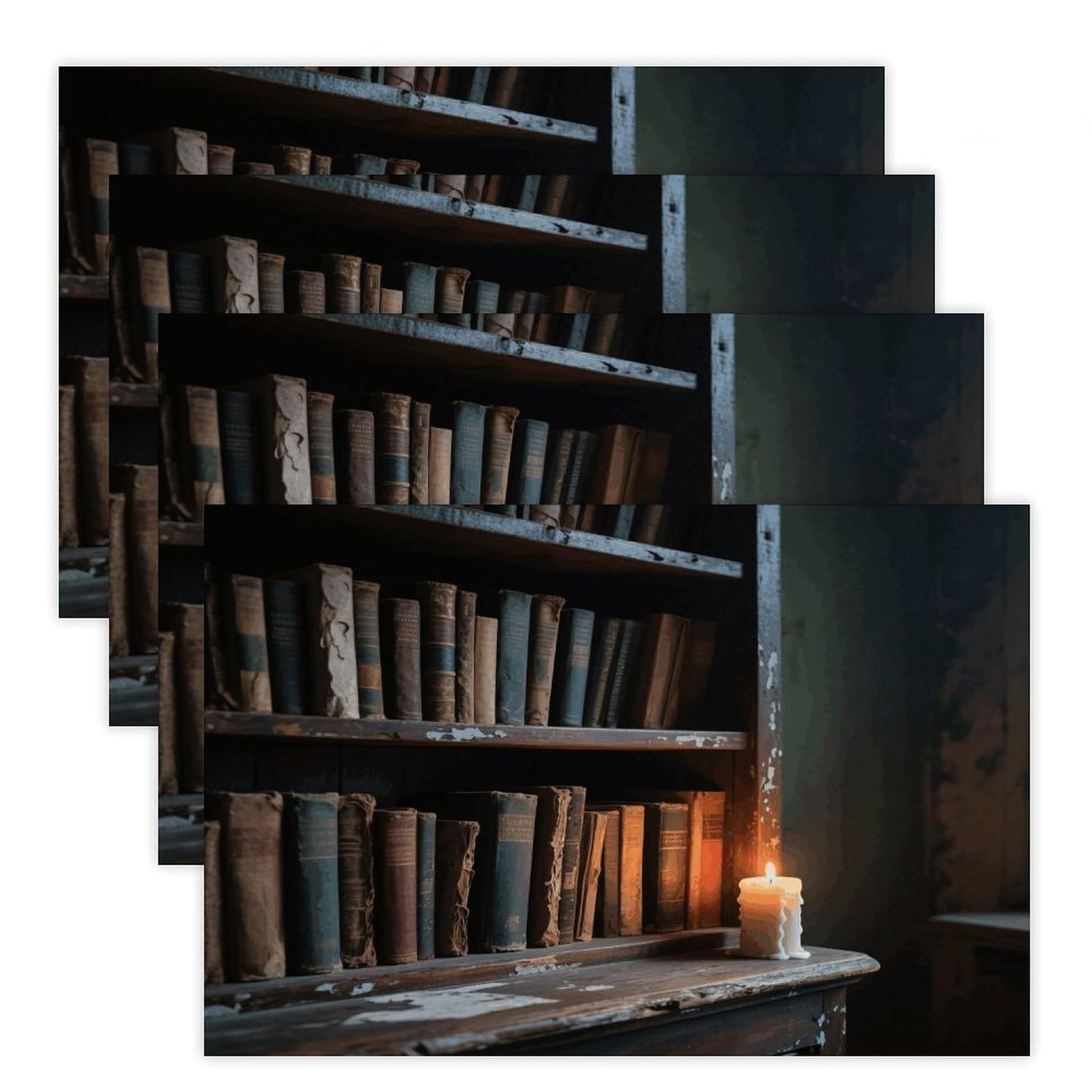 Old Bookshelf Candle Placemats Heat Resistant Non-Slip Place Mats Washable Wipeable Table Mat Kitchen Dining Table Decoration Placemats Indoor Outdoor Place Mats 17.7’’×11.8’’