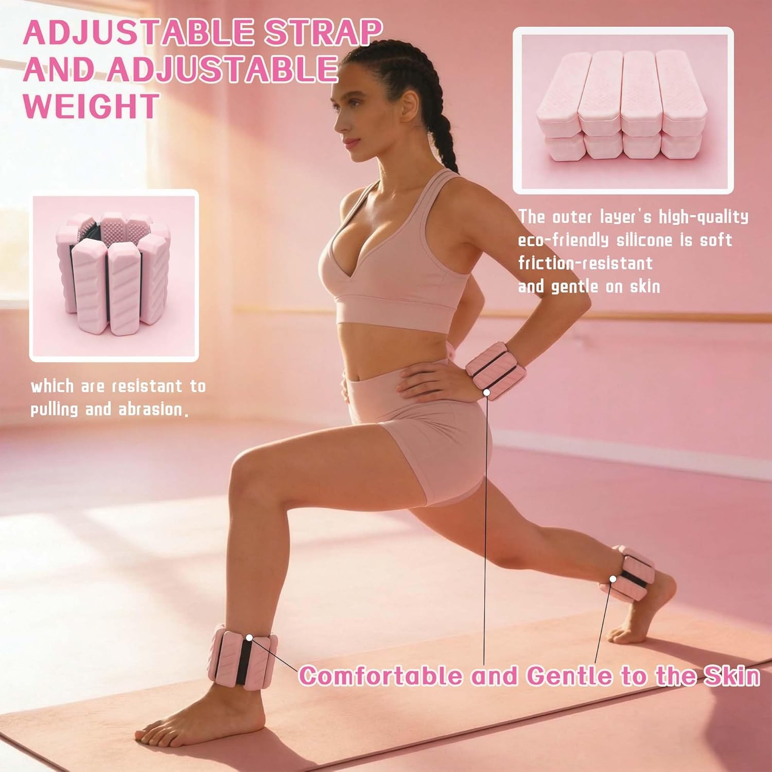 Adjustable Ankle & Wrist Weights for Women & Men, Adjustable 2-LB(1LB Each), Wearable Arm Leg Silicone Weights for Pilates, Barre, Dance, Yoga, Gym & Walking (Pink)