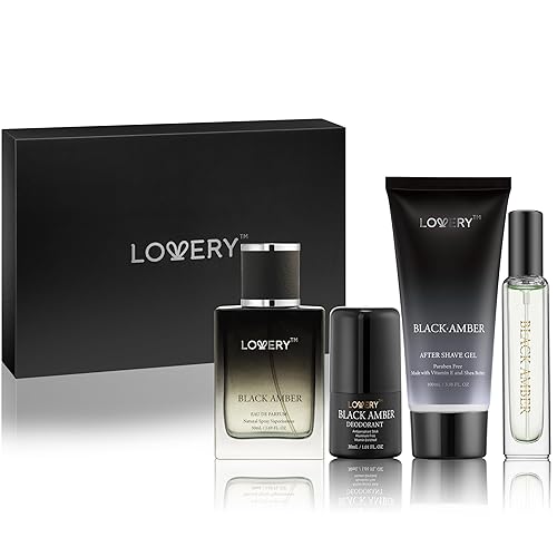 LOVERY Regalos para papás – Perfume de ámbar negro para hombre 4 en 1 Desodorante y Colonia Set de regalo – Juego de 4 piezas de colonia para hombre
