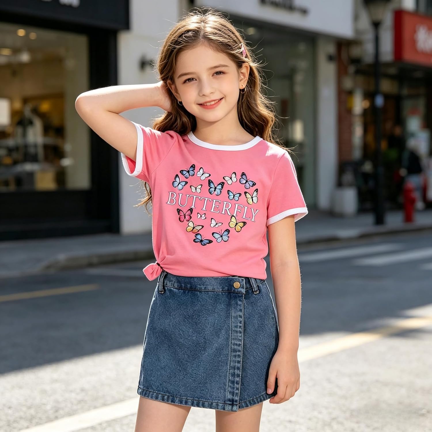 Girls Summer Clothes Butterfly Print Short Sleeve Tops and Denim Skirt Shorts Set Cute Outfits for Kids Girls 5-12Y