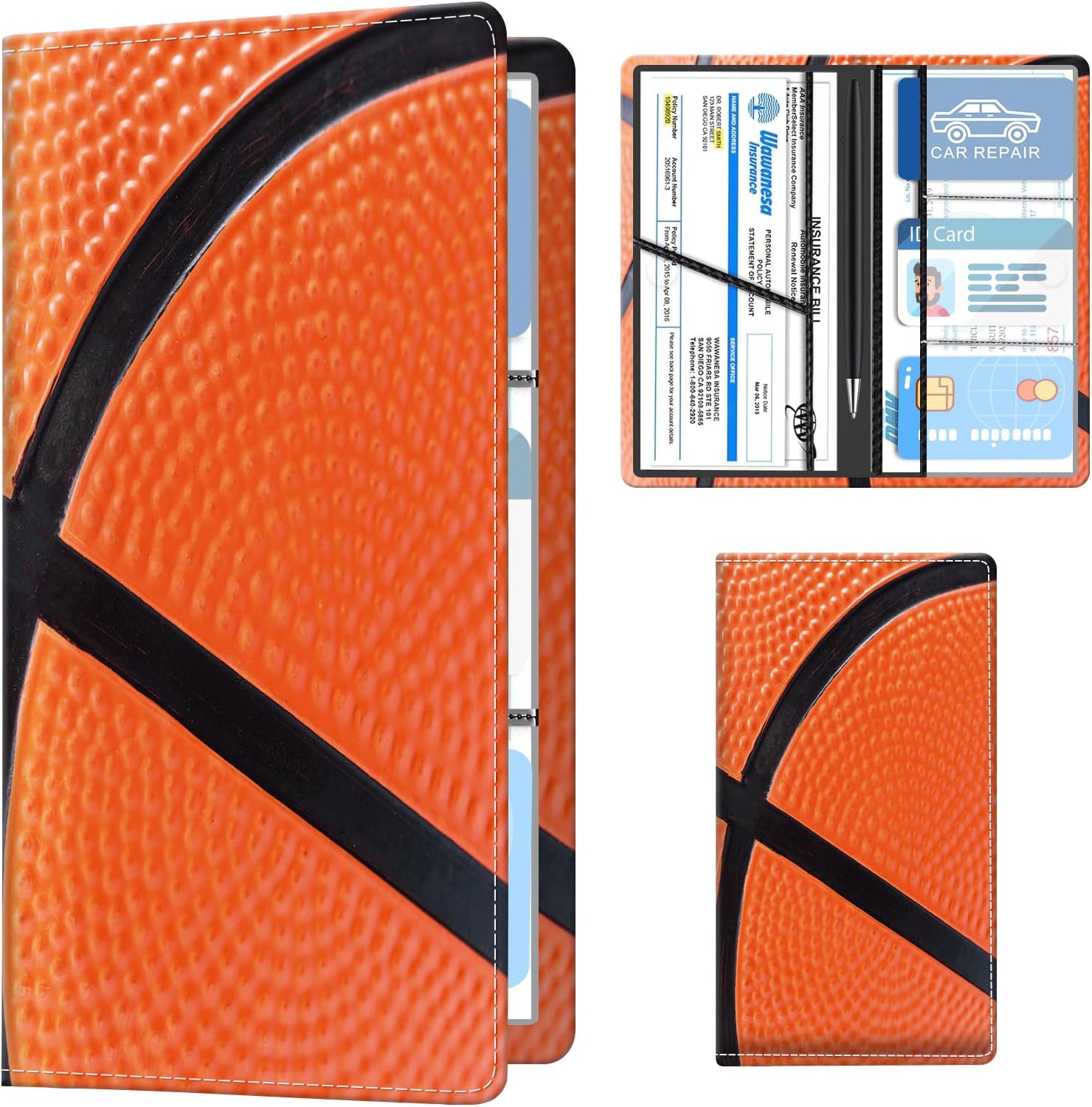 Leather Car Registration and Insurance Holder, Premium Vehicle Glove Box Car Organizer with Magnetic Shut, Cute Interior Car Accessories Cute Basketball Print