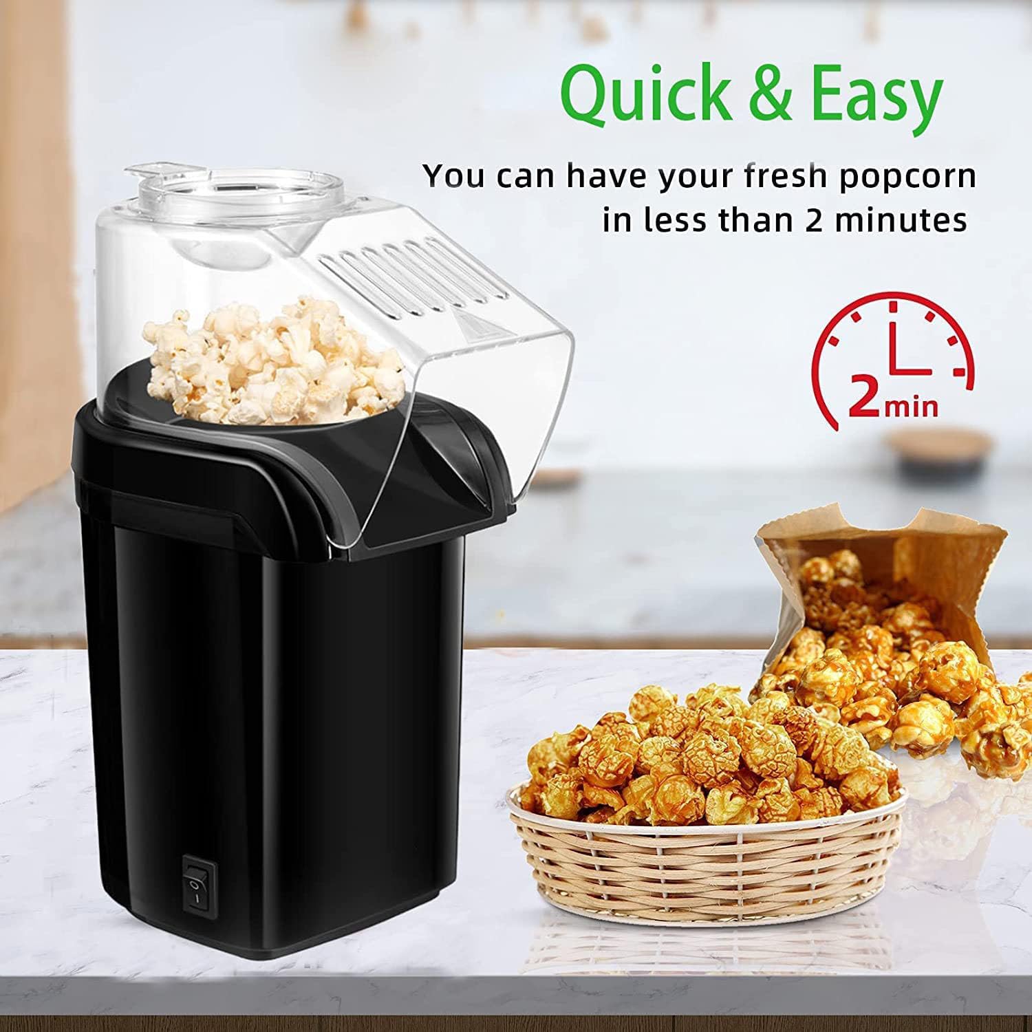 Macchina per Popcorn Portatile, Macchina per Popcorn ad Aria Calda da 1200 W Senza Bisogno di Olio, per Famiglia, Festa, con misurini,Rosso