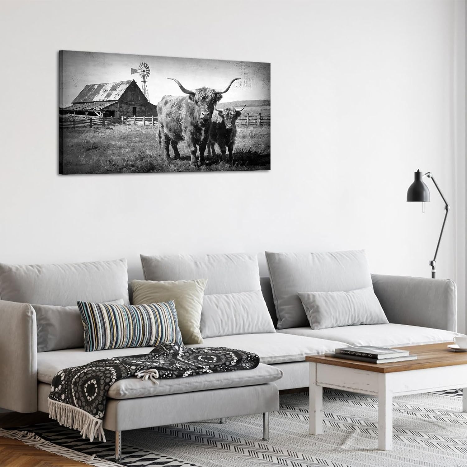 OuElegent Highland Cow Canvas Wall Art Rustic Western Farm Canvas Ranch Landscape Painting with Barn and Windmill Panoramic Farmhouse Wall Decor for Living Room Bedroom 24''x48'' (black white)