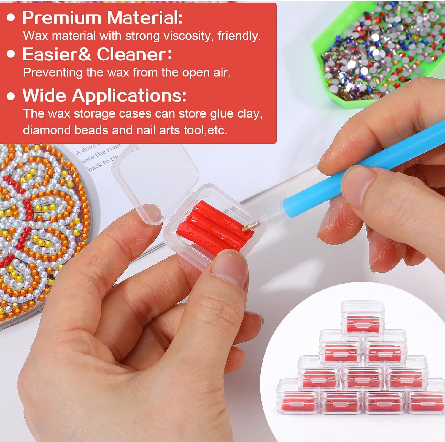 PEOVLVN 10 Pack Diamond Art Wax Pens Refills, Red Wax for Diamond Art with Storage Box for 5D Diamond Art Accessories Stitch & Embroidery Crafts